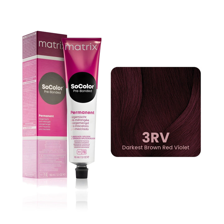 Matrix SoColor Pre-Bonded 3RV (Darkest Brown Red Violet) permanent hair color tube, box and hair swatch