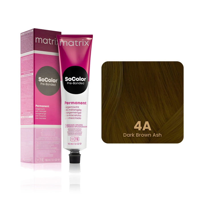 Matrix SoColor Pre-Bonded 4A (Dark Brown Ash) permanent hair color tube, box and hair swatch