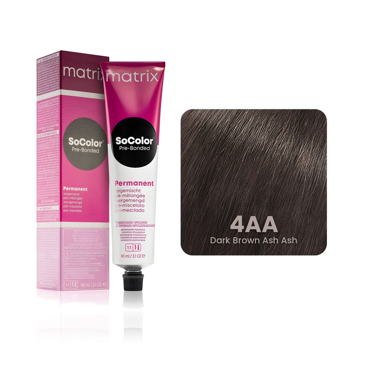 Matrix SoColor Pre-Bonded 4AA (Dark Brown Ash Ash) permanent hair color tube, box and hair swatch