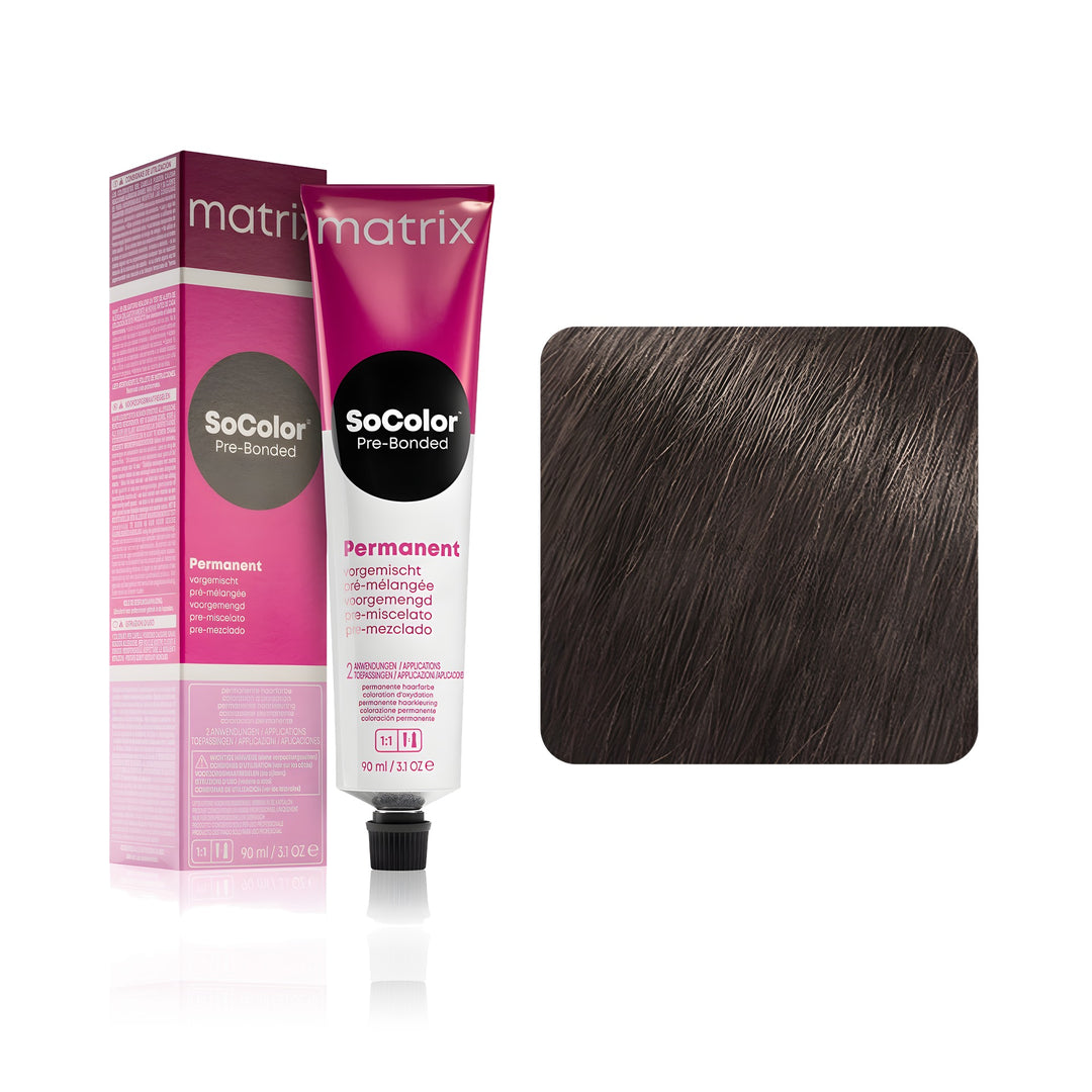 Matrix SoColor Pre-Bonded 4AA (Dark Brown Ash Ash) permanent hair color tube, box and hair swatch
