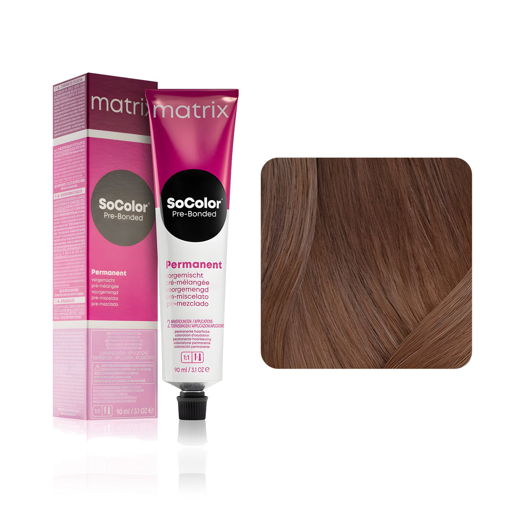 Matrix SoColor Pre-Bonded 4M (Dark Brown Mocha) permanent hair color tube, box and hair swatch