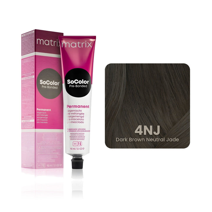 Matrix SoColor Pre-Bonded 4NJ (Dark Brown Neutral Jade) permanent hair color tube, box and hair swatch