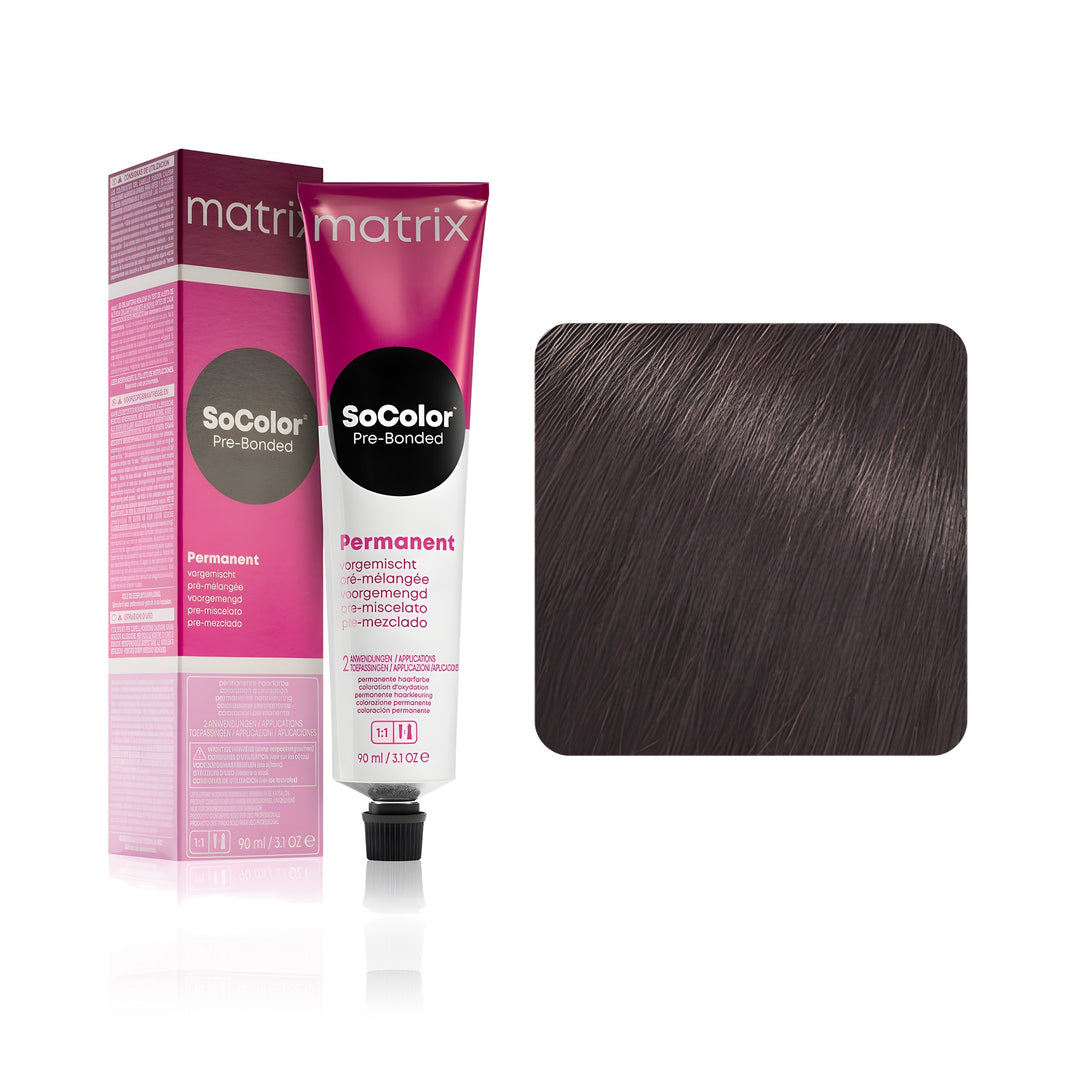 Matrix SoColor Pre-Bonded 4VA (Dark Brown Violet Ash) permanent hair color tube, box and hair swatch