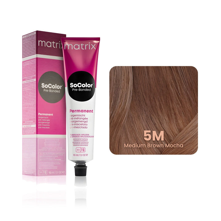 Matrix SoColor Pre-Bonded 5M (Medium Brown Mocha) permanent hair color tube, box and hair swatch