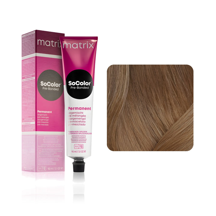 Matrix SoColor Pre-Bonded 5N (Medium Brown Neutral) permanent hair color tube, box and hair swatch