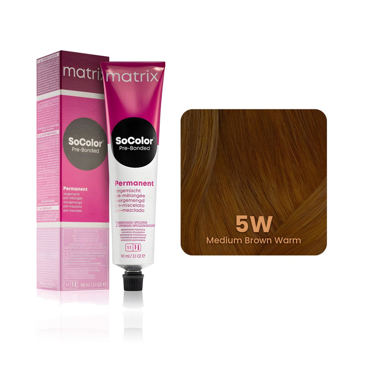 Matrix SoColor Pre-Bonded 5W (Medium Brown Warm) permanent hair color tube, box and hair swatch