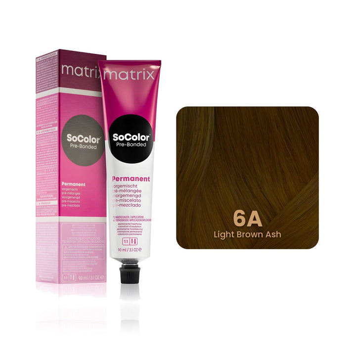 Matrix SoColor Pre-Bonded 6A (Light Brown Ash) permanent hair color tube, box and hair swatch