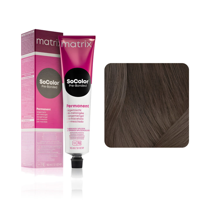 Matrix SoColor Pre-Bonded 6AA (Light Brown Ash Ash) permanent hair color tube, box and hair swatch