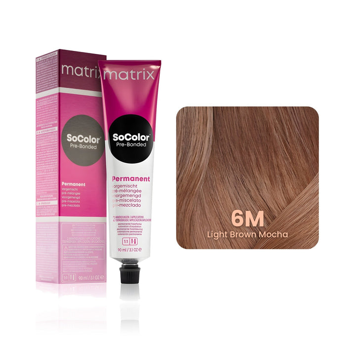 Matrix SoColor Pre-Bonded 6M (Light Brown Mocha) permanent hair color tube, box and hair swatch