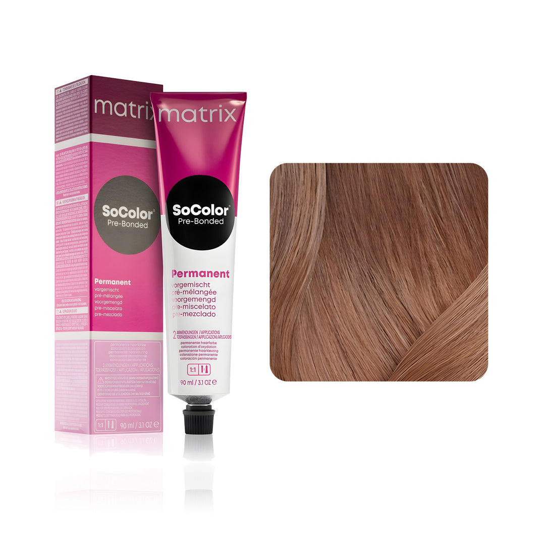 Matrix SoColor Pre-Bonded 6M (Light Brown Mocha) permanent hair color tube, box and hair swatch