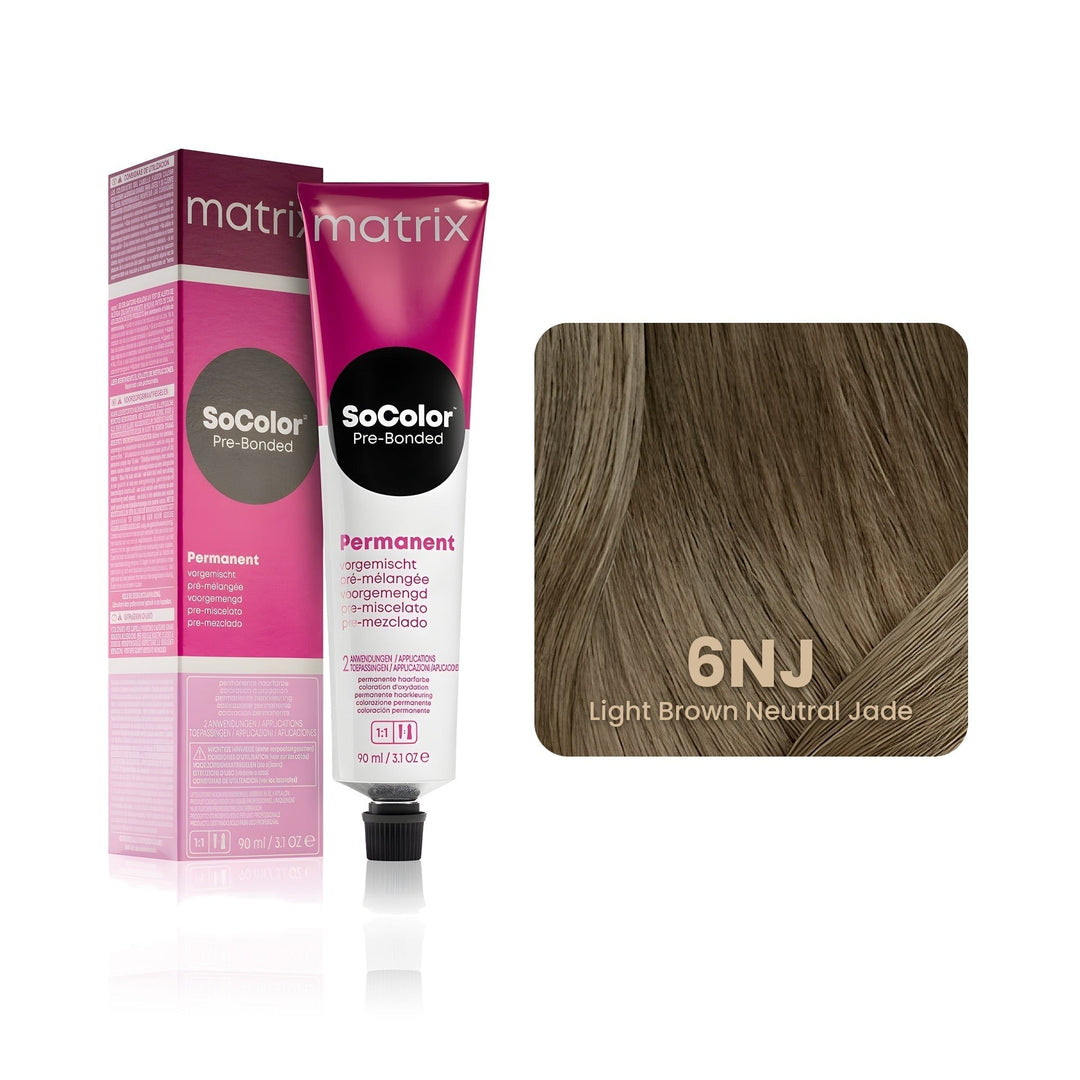 Matrix SoColor Pre-Bonded 6NJ (Light Brown Neutral Jade) permanent hair color tube, box and hair swatch