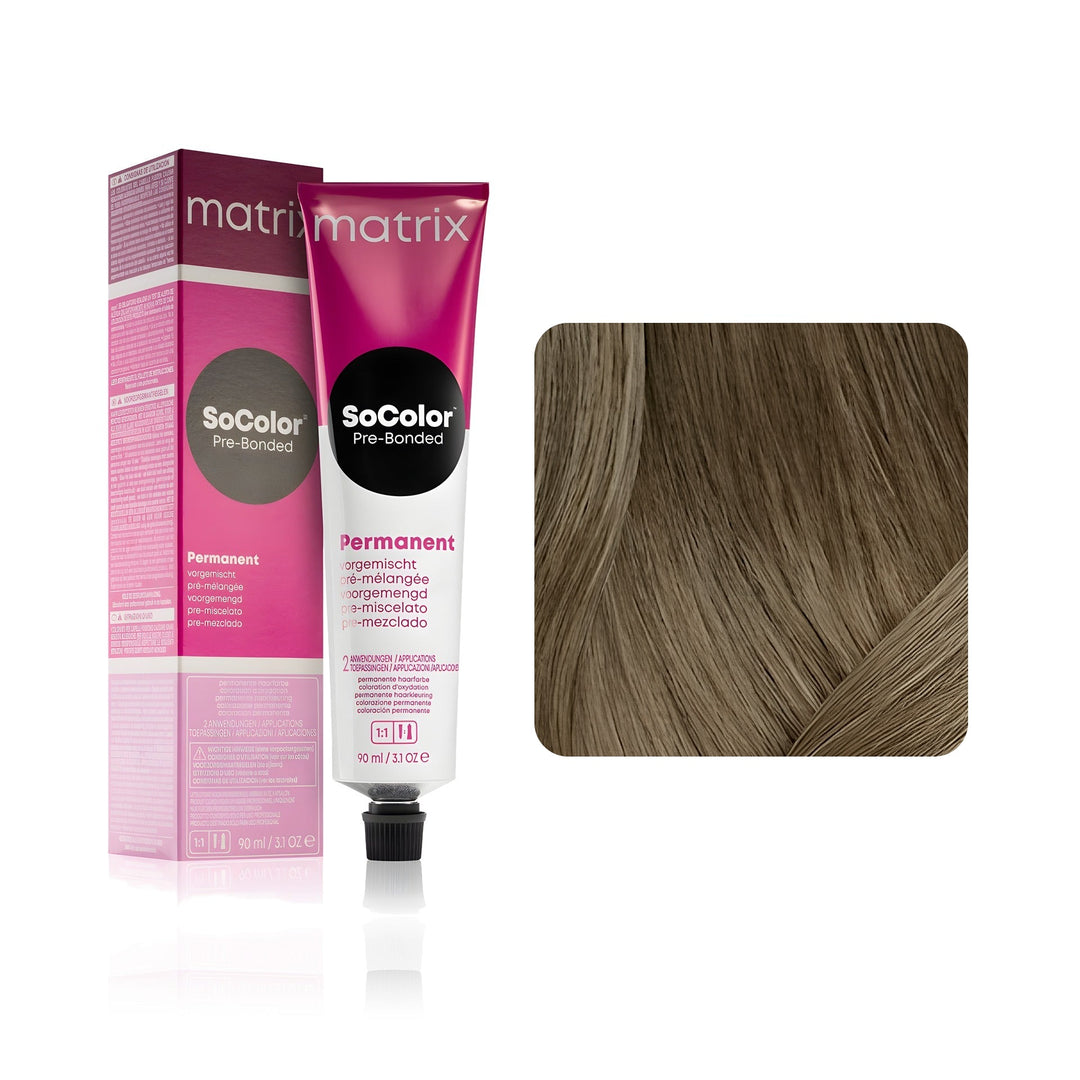 Matrix SoColor Pre-Bonded 6NJ (Light Brown Neutral Jade) permanent hair color tube, box and hair swatch