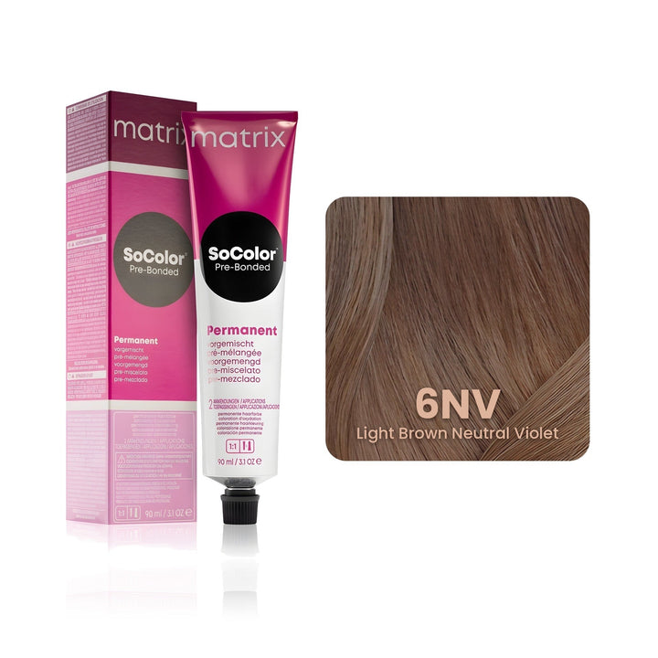 Matrix SoColor Pre-Bonded 6NV (Light Brown Neutral Violet) permanent hair color tube, box and hair swatch