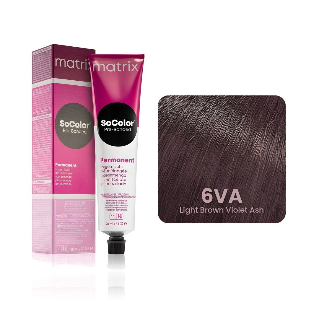 Matrix SoColor Pre-Bonded 6VA (Light Brown Violet Ash) permanent hair color tube, box and hair swatch
