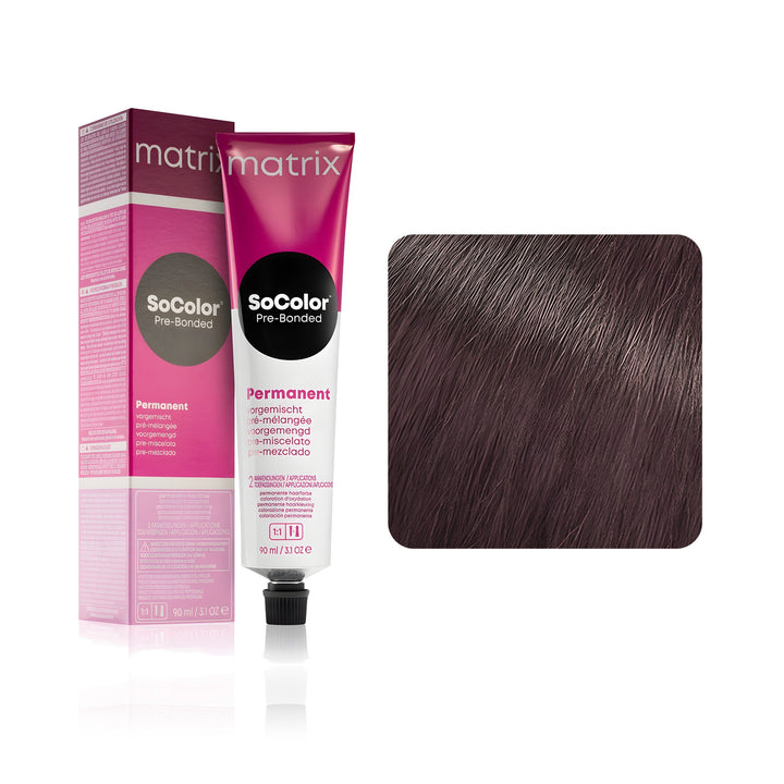 Matrix SoColor Pre-Bonded 6VA (Light Brown Violet Ash) permanent hair color tube, box and hair swatch