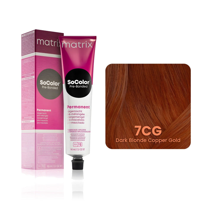 Matrix SoColor Pre-Bonded 7CG (Dark Blonde Copper Gold) permanent hair color tube, box and hair swatch