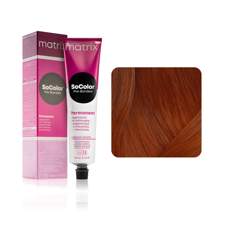 Matrix SoColor Pre-Bonded 7CG (Dark Blonde Copper Gold) permanent hair color tube, box and hair swatch