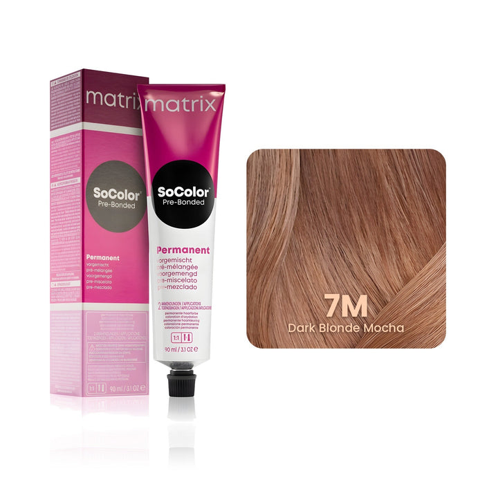 Matrix SoColor Pre-Bonded 7M (Dark Blonde Mocha) permanent hair color tube, box and hair swatch