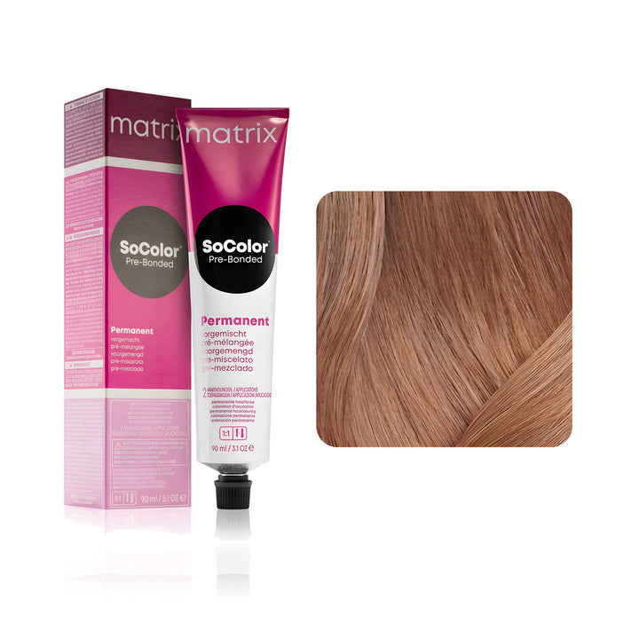 Matrix SoColor Pre-Bonded 7M (Dark Blonde Mocha) permanent hair color tube, box and hair swatch