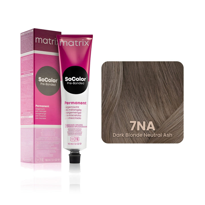 Matrix SoColor Pre-Bonded 7NA (Dark Blonde Neutral Ash) permanent hair color tube, box and hair swatch