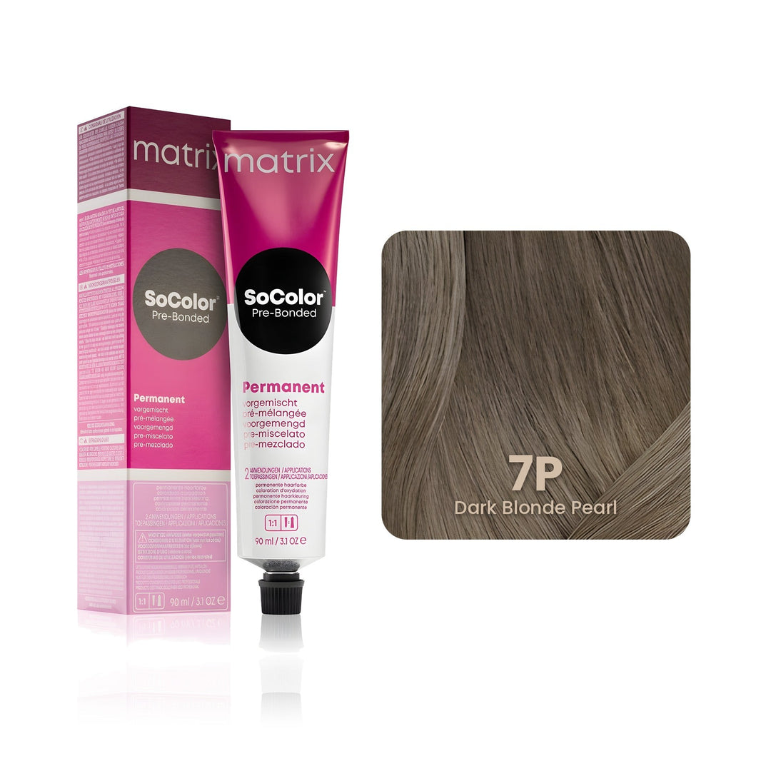 Matrix SoColor Pre-Bonded 7P (Dark Blonde Pearl) permanent hair color tube, box and hair swatch