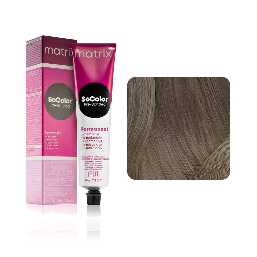 Matrix SoColor Pre-Bonded 7P (Dark Blonde Pearl) permanent hair color tube, box and hair swatch