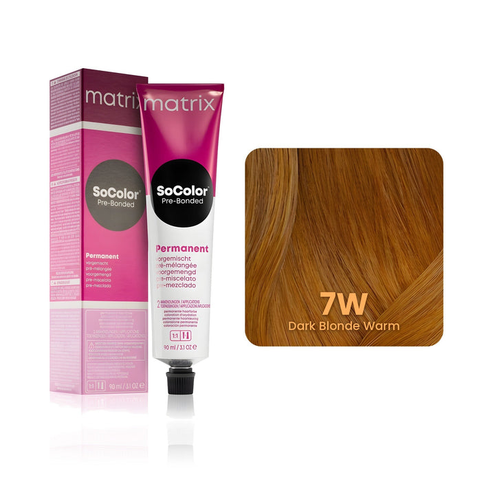 Matrix SoColor Pre-Bonded 7W (Dark Blonde Warm) permanent hair color tube, box and hair swatch