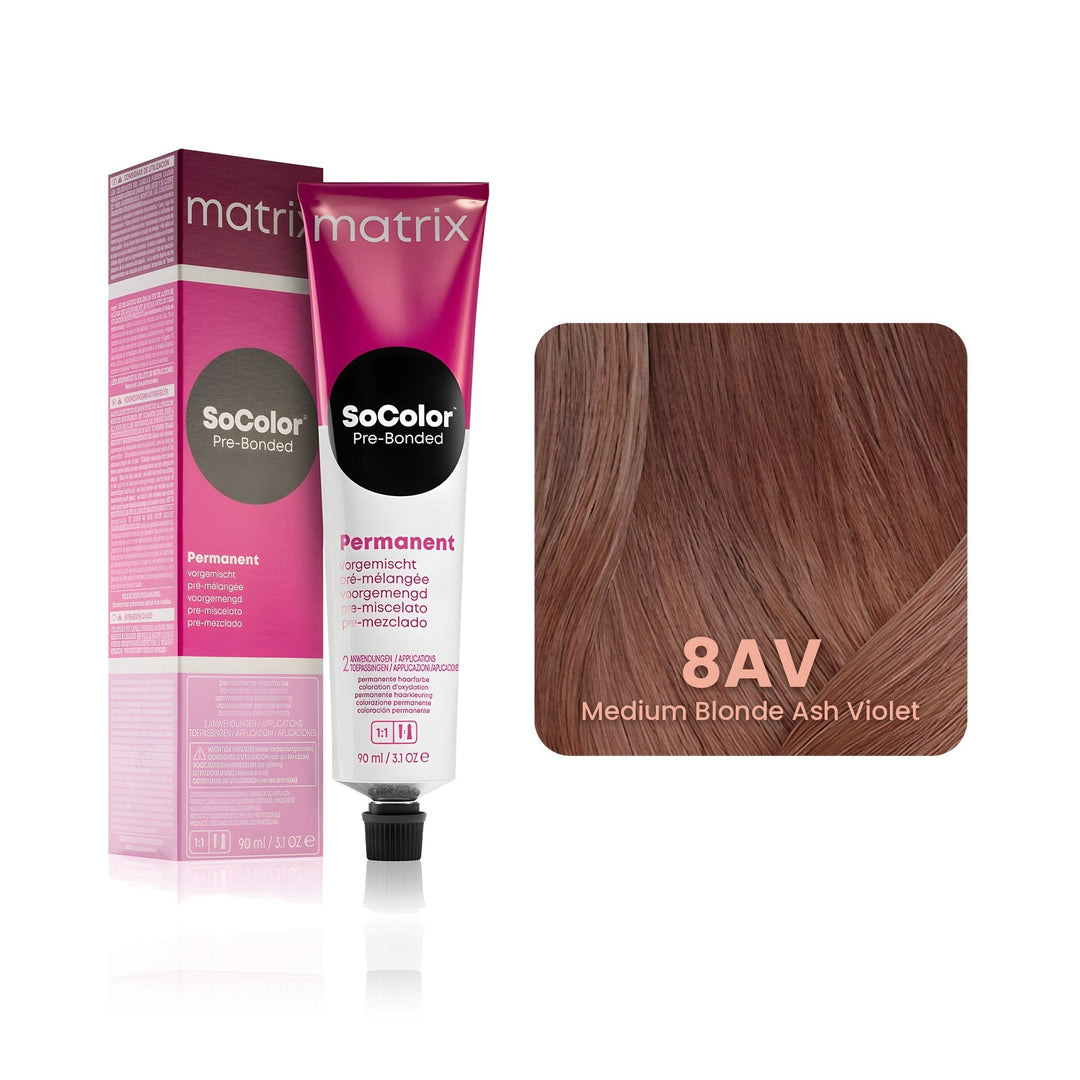 Matrix SoColor Pre-Bonded 8AV (Medium Blonde Ash Violet) permanent hair color tube, box and hair swatch