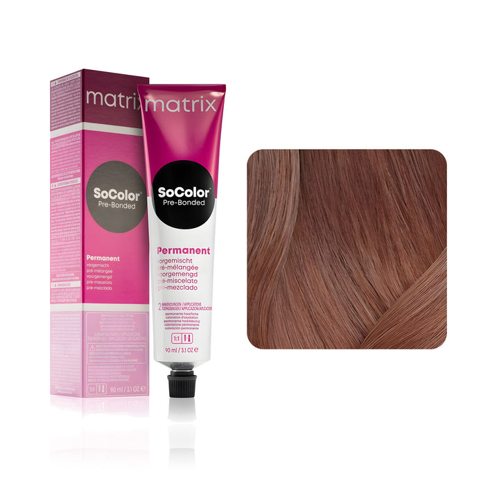 Matrix SoColor Pre-Bonded 8AV (Medium Blonde Ash Violet) permanent hair color tube, box and hair swatch