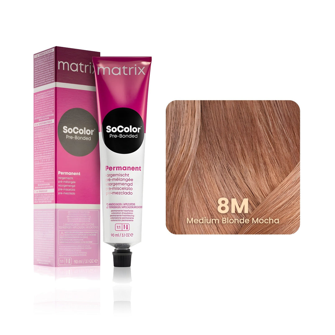 Matrix SoColor Pre-Bonded 8M (Medium Blonde Mocha) permanent hair color tube, box and hair swatch