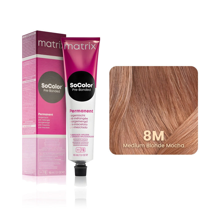Matrix SoColor Pre-Bonded 8M (Medium Blonde Mocha) permanent hair color tube, box and hair swatch