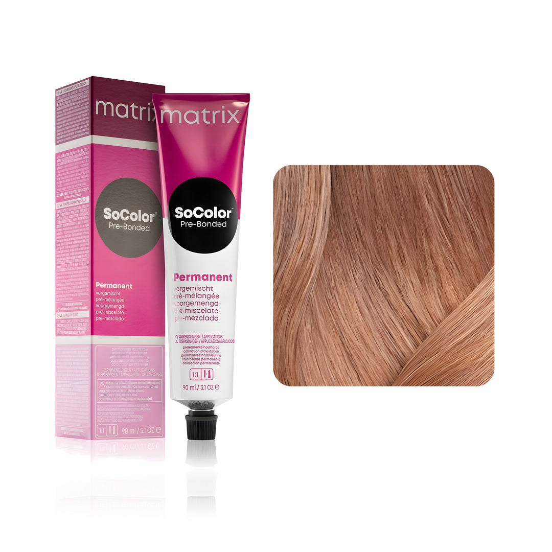 Matrix SoColor Pre-Bonded 8M (Medium Blonde Mocha) permanent hair color tube, box and hair swatch