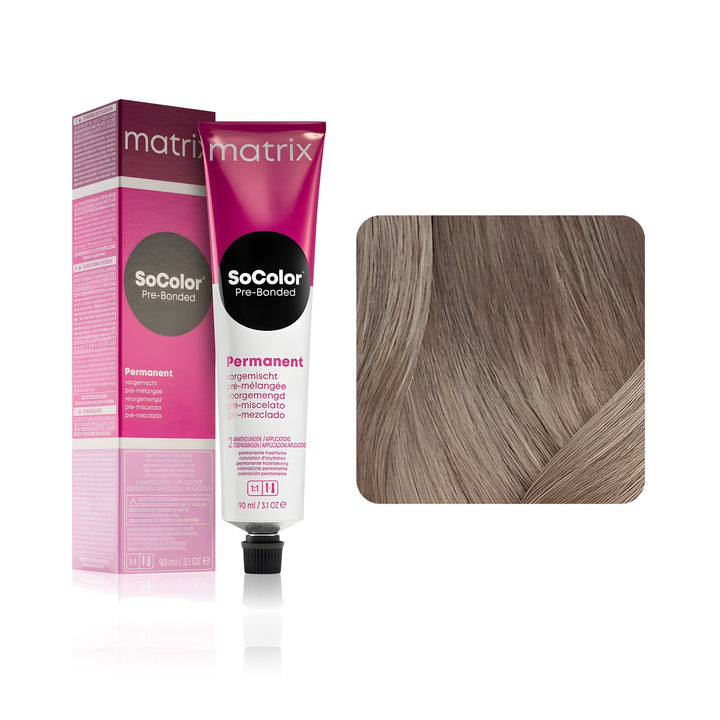 Matrix SoColor Pre-Bonded 8NA (Medium Blonde Neutral Ash) permanent hair color tube, box and hair swatch