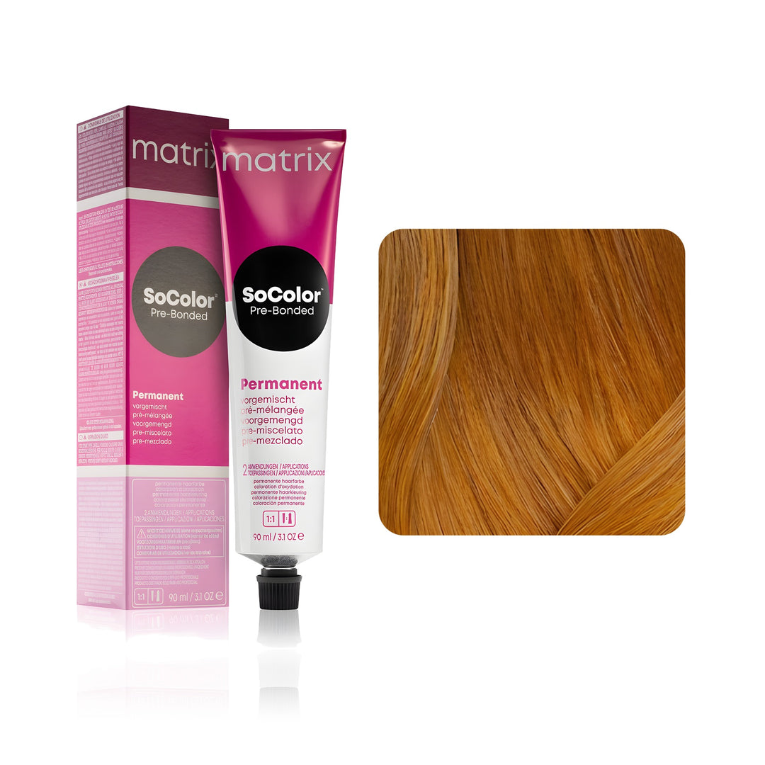 Matrix SoColor Pre-Bonded 8W (Medium Blonde Warm) permanent hair color tube, box and hair swatch