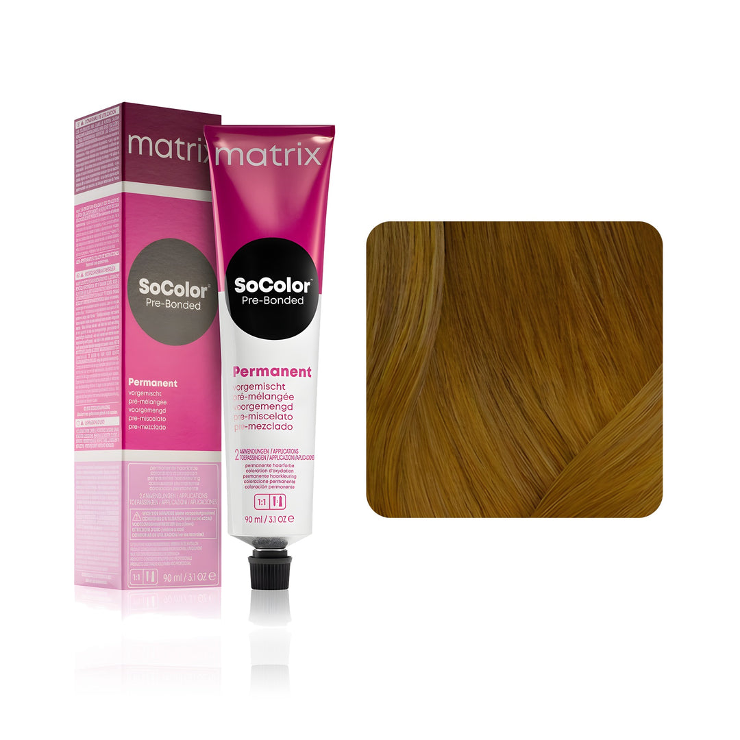 Matrix SoColor Pre-Bonded 9A (Light Blonde Ash) permanent hair color tube, box and hair swatch