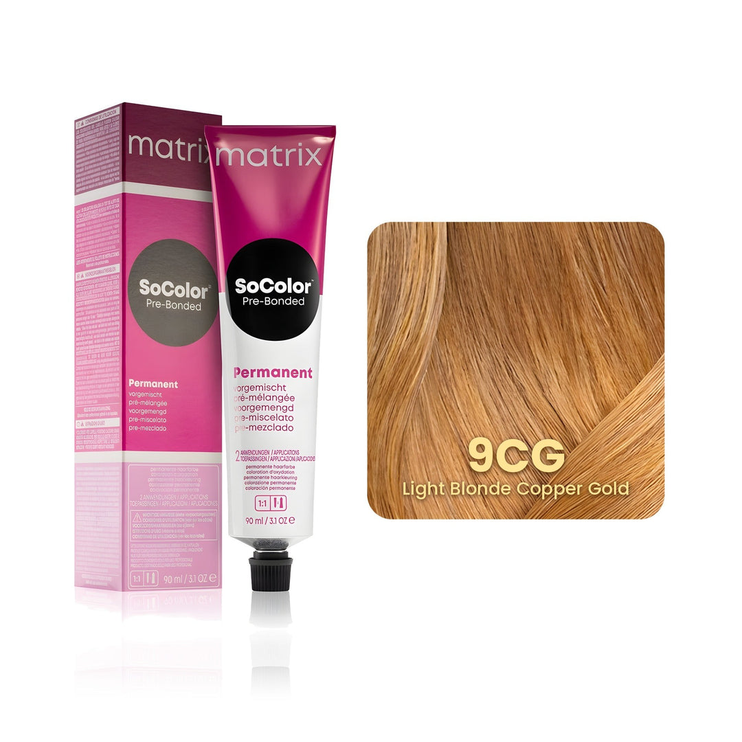 Matrix SoColor Pre-Bonded 9CG (Light Blonde Copper Gold) permanent hair color tube, box and hair swatch