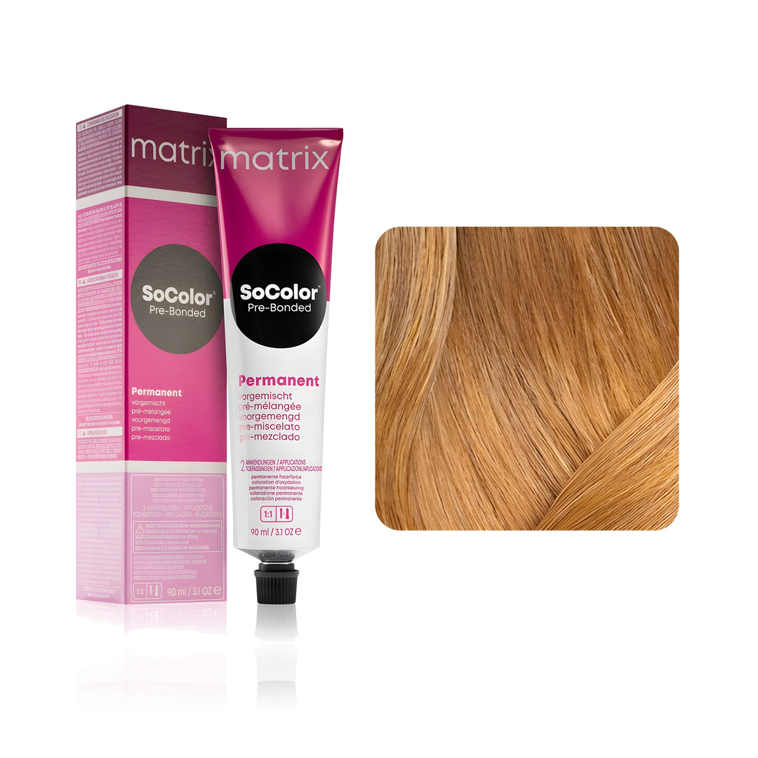 Matrix SoColor Pre-Bonded 9CG (Light Blonde Copper Gold) permanent hair color tube, box and hair swatch