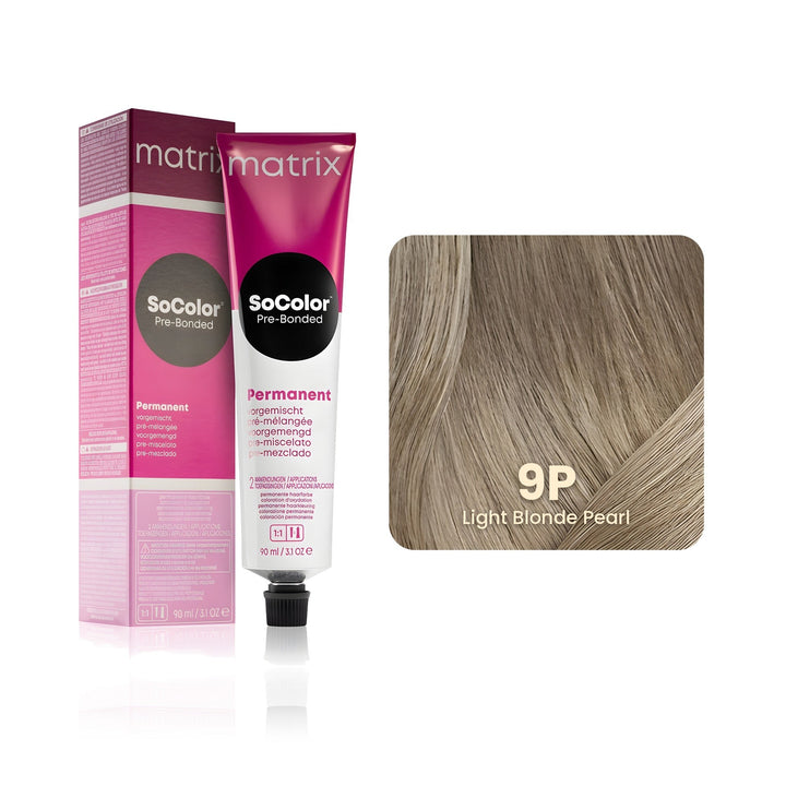 Matrix SoColor Pre-Bonded 9P (Light Blonde Pearl) permanent hair color tube, box and hair swatch