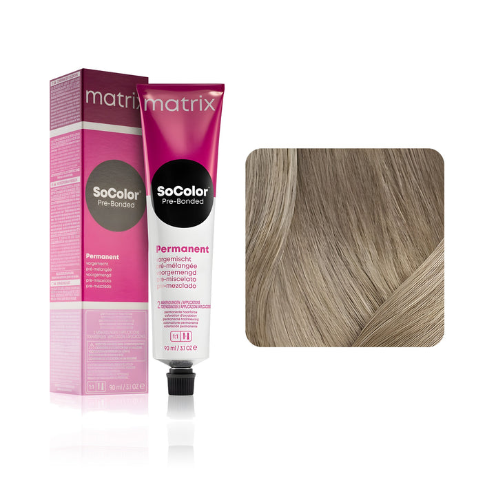 Matrix SoColor Pre-Bonded 9P (Light Blonde Pearl) permanent hair color tube, box and hair swatch