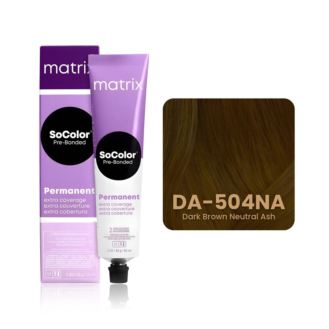 Matrix SoColor Pre-Bonded Extra Coverage Dream Age DA-504NA (Dark Brown Neutral Ash) permanent hair color tube, box and hair swatch