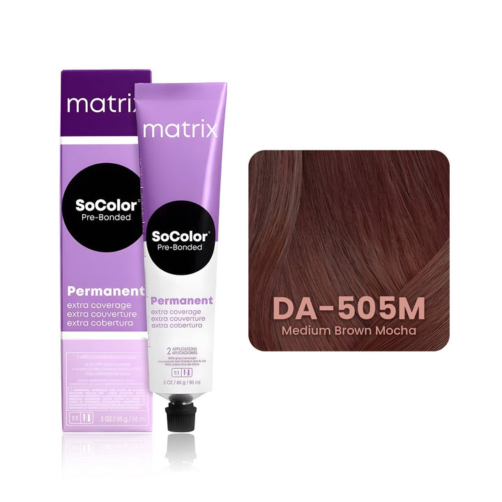 Matrix SoColor Pre-Bonded Extra Coverage Dream Age DA-505M (Medium Brown Mocha) permanent hair color tube, box and hair swatch