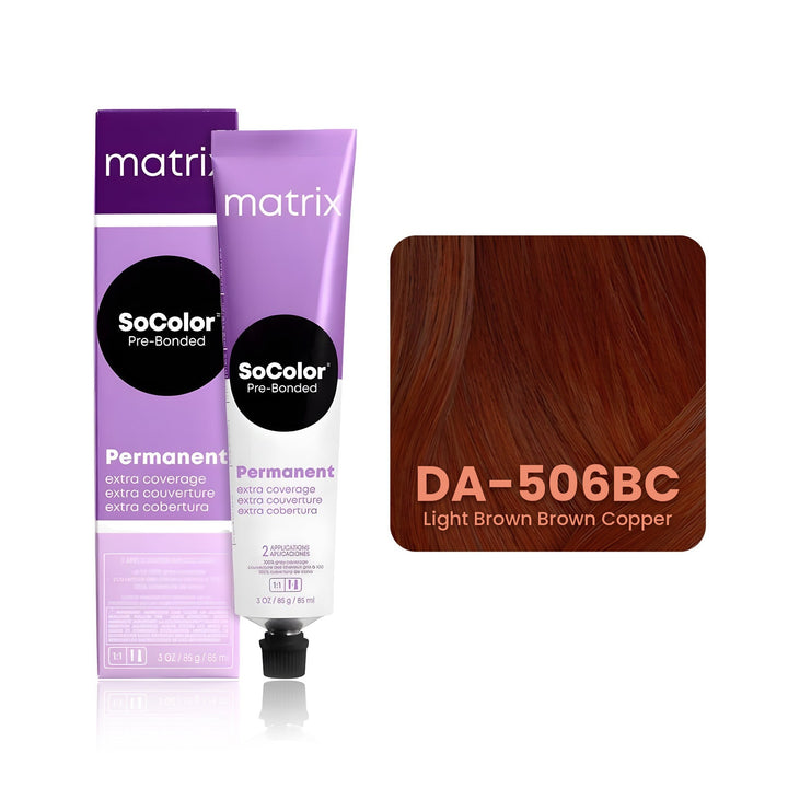 Matrix SoColor Pre-Bonded Extra Coverage Dream Age DA-506BC (Light Brown Brown Copper) permanent hair color tube, box and hair swatch