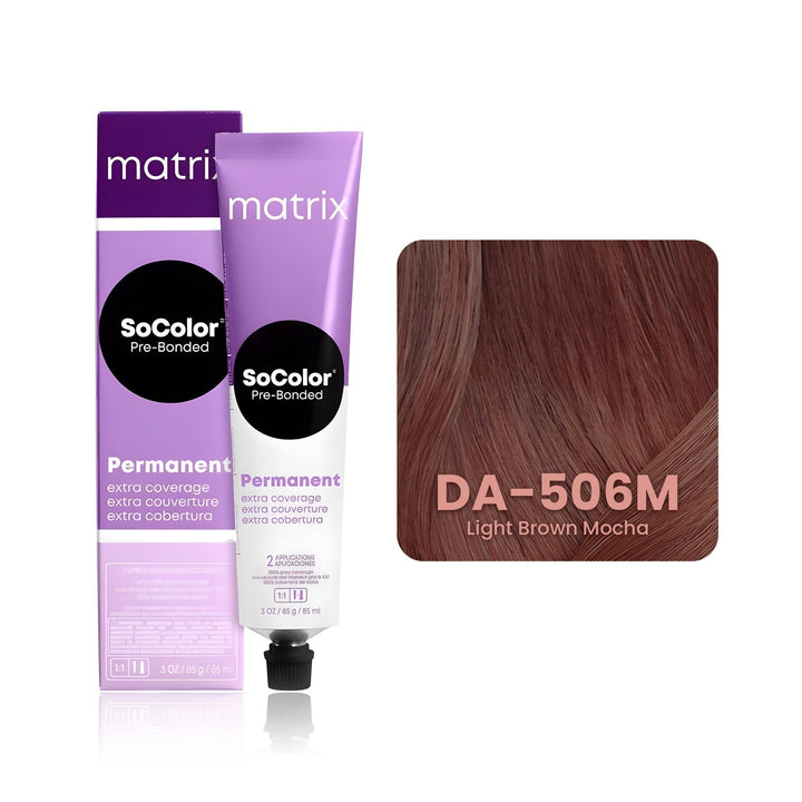 Matrix SoColor Pre-Bonded Extra Coverage Dream Age DA-506M (Light Brown Mocha) permanent hair color tube, box and hair swatch