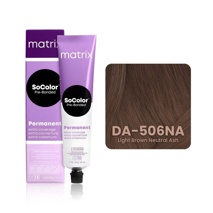 Matrix SoColor Pre-Bonded Extra Coverage Dream Age DA-506NA (Light Brown Neutral Ash) permanent hair color tube, box and hair swatch