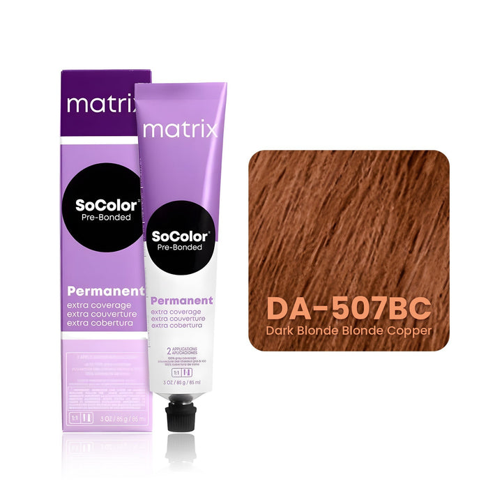 Matrix SoColor Pre-Bonded Extra Coverage Dream Age DA-507BC (Dark Blonde Blonde Copper) permanent hair color tube, box and hair swatch