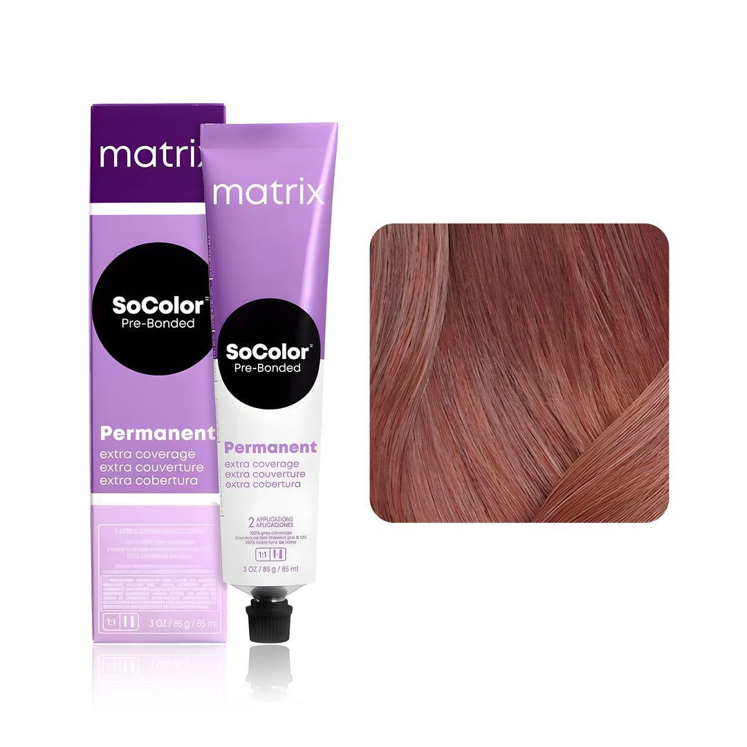 Matrix SoColor Pre-Bonded Extra Coverage Dream Age DA-508M (Medium Blonde Mocha) permanent hair color tube, box and hair swatch