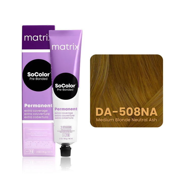 Matrix SoColor Pre-Bonded Extra Coverage Dream Age DA-508NA (Medium Blonde Neutral Ash) permanent hair color tube, box and hair swatch