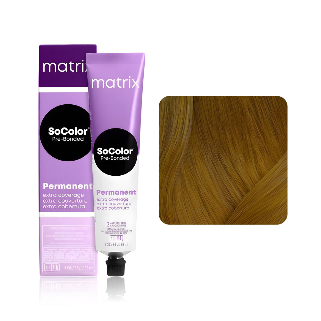 Matrix SoColor Pre-Bonded Extra Coverage Dream Age DA-508NA (Medium Blonde Neutral Ash) permanent hair color tube, box and hair swatch