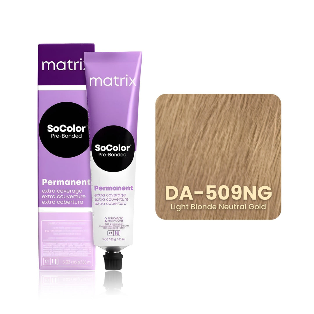 Matrix SoColor Pre-Bonded Extra Coverage Dream Age DA-509NG (Light Blonde Neutral Gold) permanent hair color tube, box and hair swatch