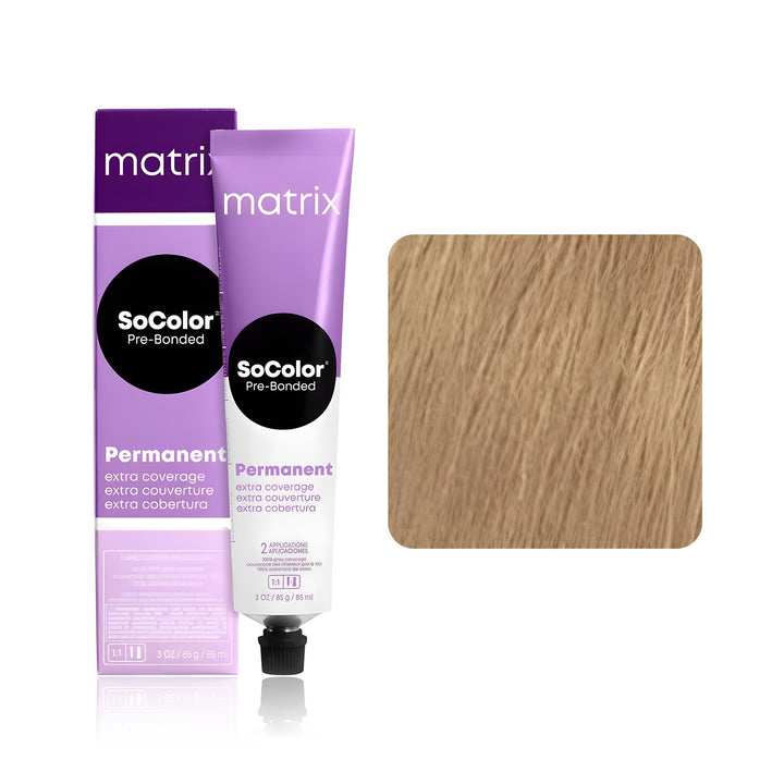 Matrix SoColor Pre-Bonded Extra Coverage Dream Age DA-509NG (Light Blonde Neutral Gold) permanent hair color tube, box and hair swatch